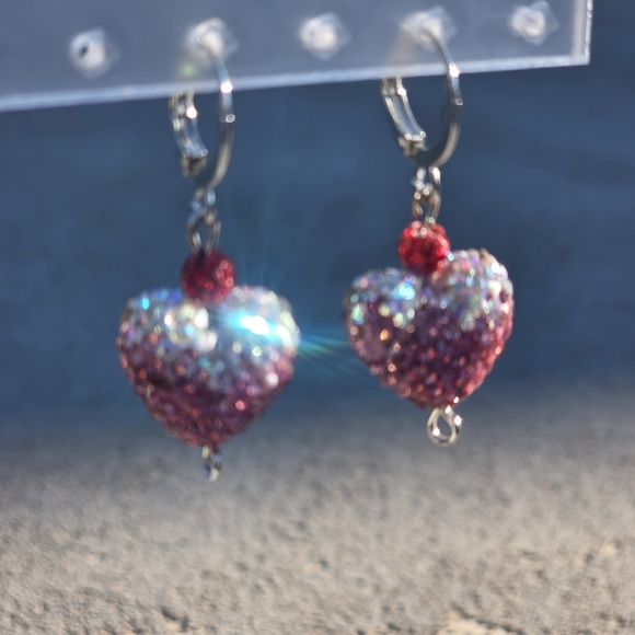 Artisan Pink and Red Crystal Heart Earrings - Picture 5 of 5